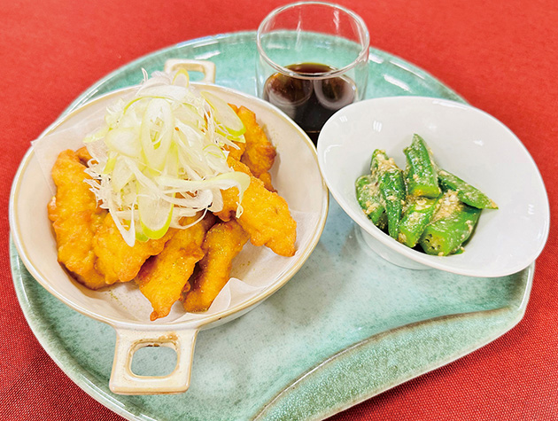 鶏の天ぷら 白ねぎと和歌山の山椒風味 オクラの胡麻和え添え